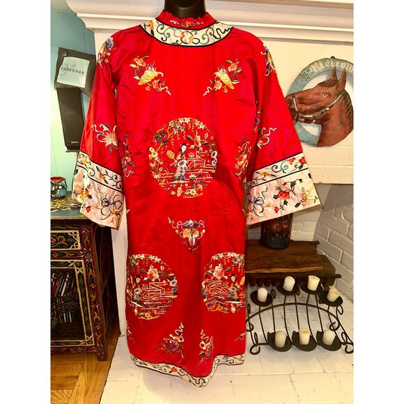VINTAGE 40's-60's BAI HUA CHINESE SILK RAYON EMBROIDERED ROBE ANTIQUE ART - Picture 4 of 9